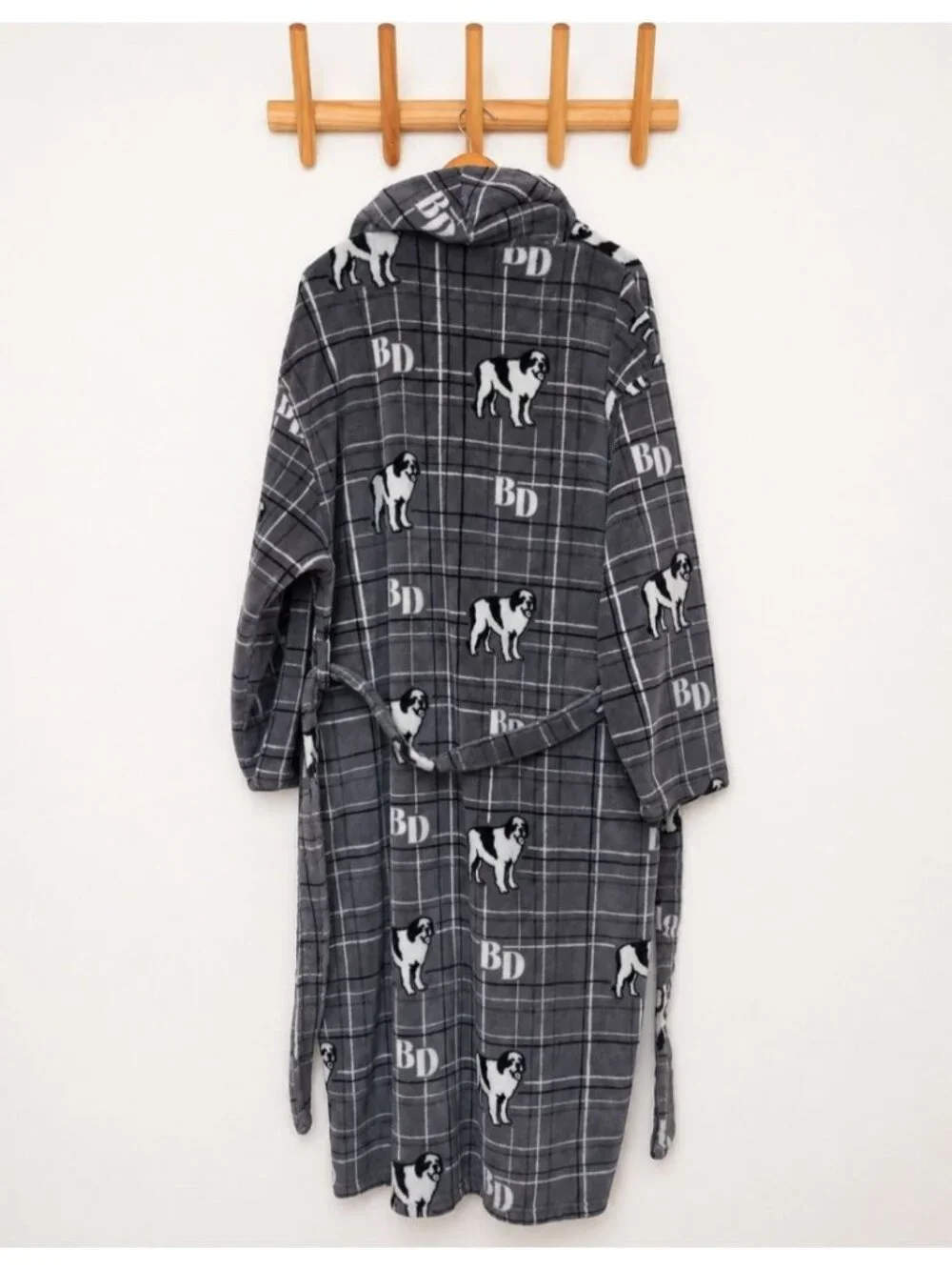 Big Dogs Plush Fleece Bath Robe Gray Plaid One Size Belted Soft Men's Robe
